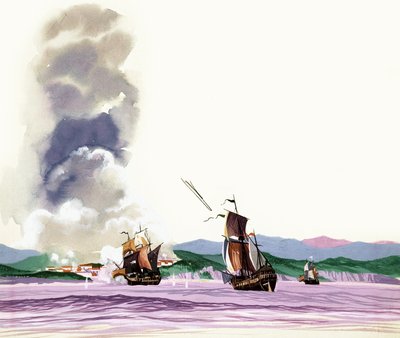 Ongeïdentificeerde slag met zeilschepen die op de kust vuren en vuur wordt beantwoord door English School