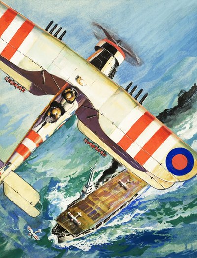 Ongeïdentificeerd tweedekkervliegtuig vliegend over een vliegdekschip door English School