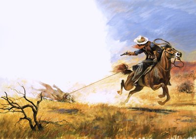 Onbekende cowboy schiet op een gevangen bergleeuw door English School