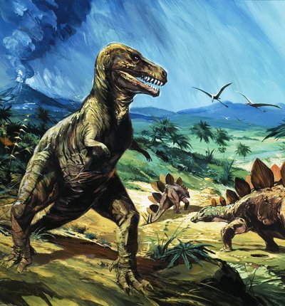 Ongeïdentificeerde dinosaurus scène met T-Rex en Stegosaurus door English School