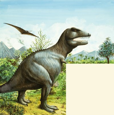 Ongeïdentificeerde dinosaurus scène met T Rex en Pterodactylus door English School