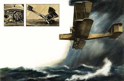 Ongeïdentificeerd vroeg tweedekker vliegtuig boven stormachtige zeeën door English School