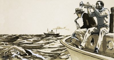 Ongeïdentificeerde jazzspelers op een boot door English School