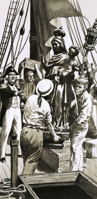 Ongeïdentificeerd zeilschip scène van het laden van vracht door English School