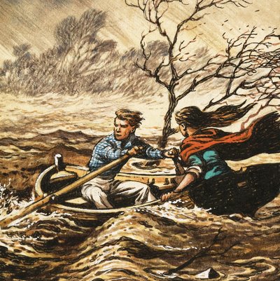 Onbekende scène van jongen die meisje roeit in storm door English School