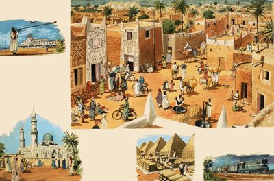 Ongeïdentificeerde scènes van Egypte, inclusief het oude Egypte en piramides door English School