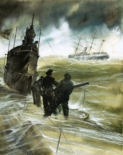 Ongeïdentificeerde soldaten op het dek van een onderzeeër met boot aan de horizon door English School