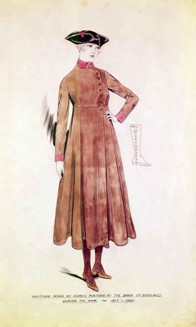 Uniform gedragen door vrouwelijke portiers bij de Bank of England 1917-20 door English School