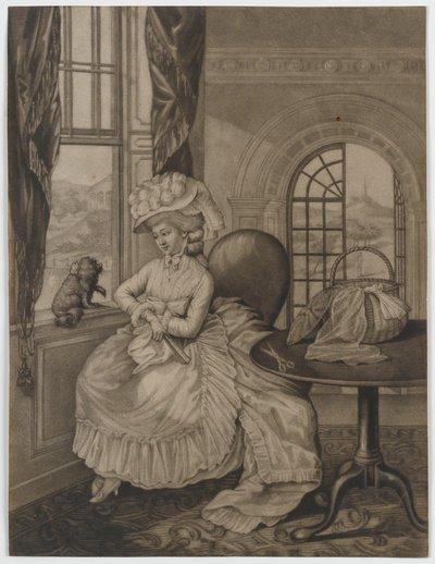 Zonder titel (vrouw zittend bij een raam kijkend naar een kleine hond), ca.1780 door English School