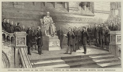 Onthulling van het standbeeld van wijlen Charles Darwin in het Natural History Museum, South Kensington door English School