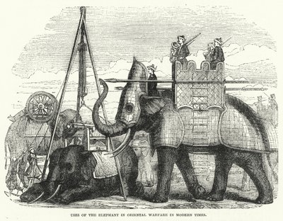 Gebruik van de Olifant in Oriëntaalse Oorlogsvoering in Moderne Tijden (gravure) door English School