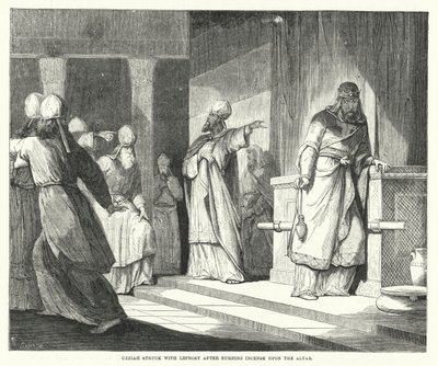 Uzzia getroffen door melaatsheid na het branden van wierook op het altaar (gravure) door English School