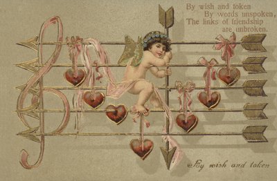 Valentijnskaart met Cupido, pijl en muzieknoten door English School