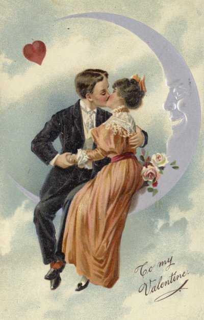 Valentijnskaart met een koppel dat op de maan kust door English School