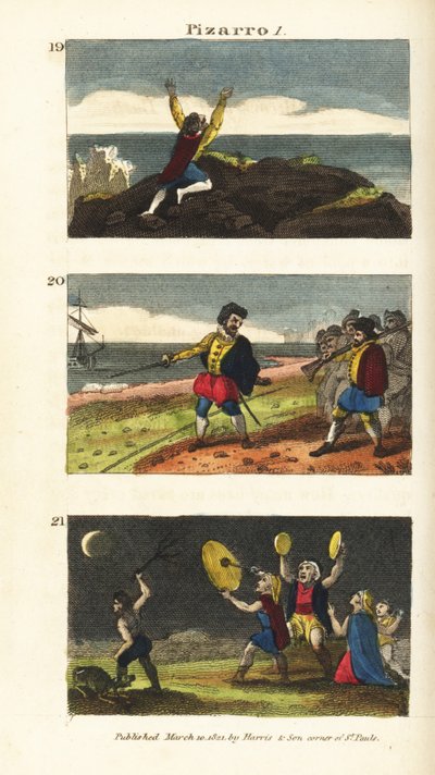 Vasco Nunez de Balboa bereikt de Stille Oceaan, Francisco Pizarro scheidt zijn mannen door een lijn in het zand op het eiland Gallo en Peruvianen bang voor een maansverduistering door English School