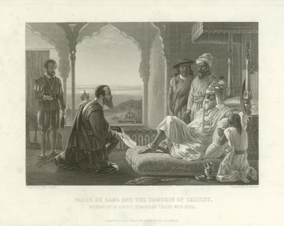 Vasco da Gama en de Zamorin van Calicut, 1498 door English School