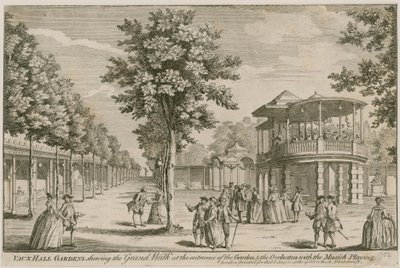 Vauxhall Gardens, Londen, met de Grote Wandelgang bij de ingang van de tuin en het Orkest, met de muziek spelend door English School