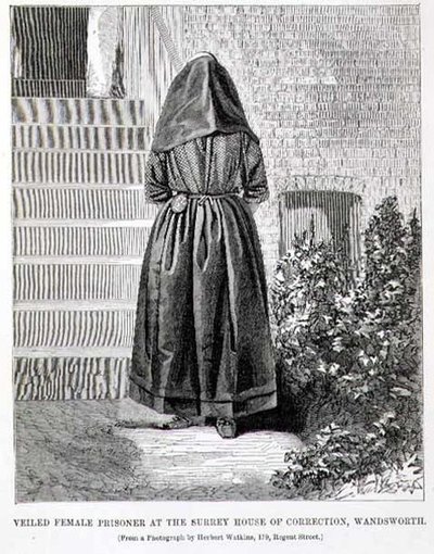 Gesluierde vrouwelijke gevangene in het Surrey House of Correction, Wandsworth, uit 