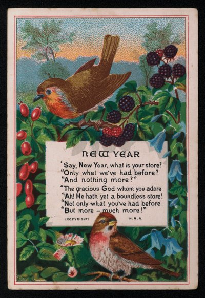Vers, bessen en vogels, nieuwjaarswenskaart door English School