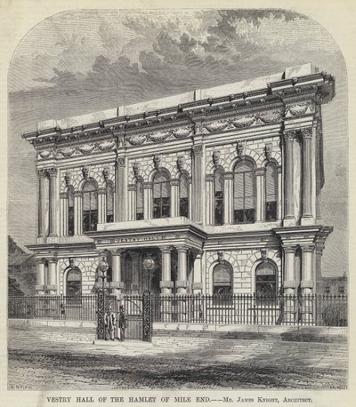 Vestry Hall van het Gehucht Mile End (gravure) door English School