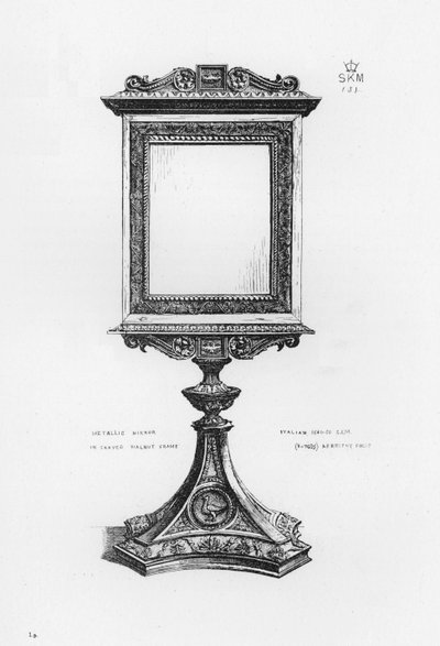 Victoria en Albert Museum: Metalen Spiegel in gesneden walnoothouten lijst, Italiaans door English School