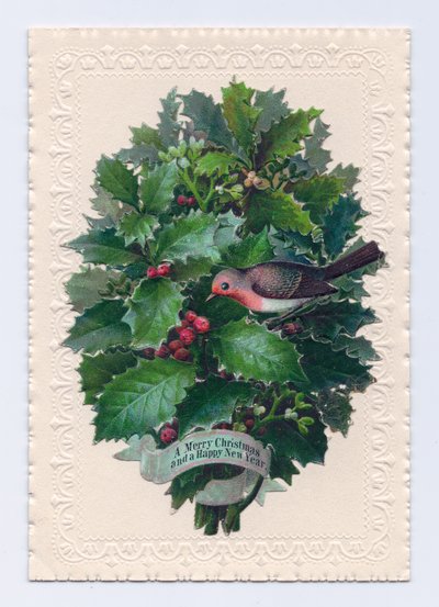Victoriaanse kerst- en nieuwjaarskaart van een roodborstje in een boeket hulstbladeren, ca. 1880 door English School