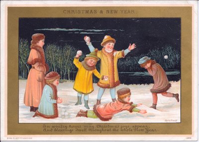 Victoriaanse kerst- en nieuwjaarskaart van kinderen die in de sneeuw spelen en sneeuwballen gooien, ca. 1880 door English School
