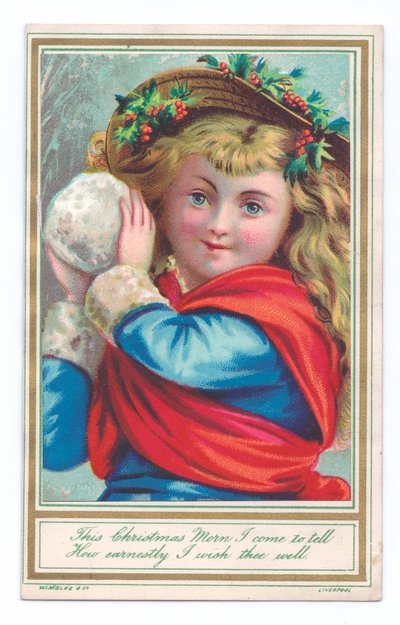 Victoriaanse kerstkaart van een kind met een hoed met hulst en een sneeuwbal, ca. 1880 (kleur litho) door English School