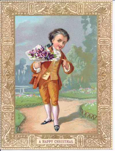 Victoriaanse kerstkaart van een jonge jongen gekleed in Victoriaanse kleding met een boeket bloemen, ca. 1880 door English School