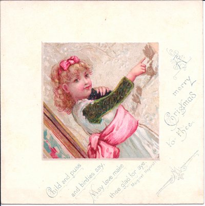 Victoriaanse kerstkaart van een jong meisje met een kat en wijzend naar iets, ca. 1880 (kleur litho) door English School