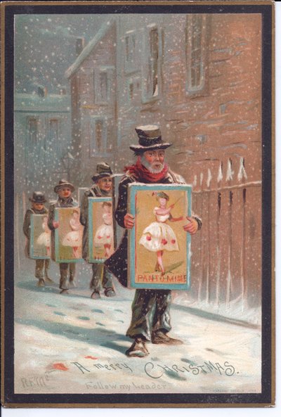 Victoriaanse kerstkaart van vier mannen die in de sneeuw lopen met borden die reclame maken voor een pantomime, ca. 1880 door English School