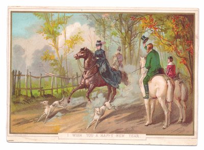 Victoriaanse Nieuwjaarskaart van een vrouw te paard met twee honden begroet door een ander koppel, ca. 1880 door English School
