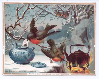 Victoriaanse Nieuwjaarskaart van roodborstjes die thee zetten op een besneeuwde winternacht door English School