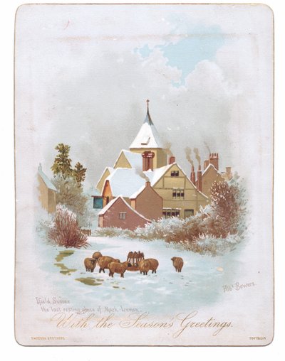 Victoriaanse wenskaart van schapen die in de sneeuw bij een kerk dwalen door English School