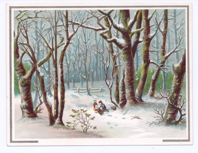 Victoriaanse wenskaart van twee kinderen die takken verzamelen in de sneeuw, ca. 1880 door English School
