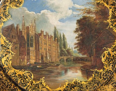 Victoriaans bord versierd met een scène van St. Johns College, Cambridge, Third Court en zijn brug door English School