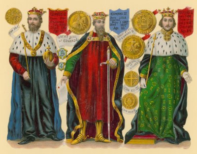 Victoriaanse prent: Koning Edward II, Koning Edward III, Koning Richard II door English School
