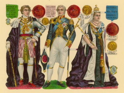 Victoriaanse prent: Koning George IV, Koning William IV, Koningin Victoria door English School