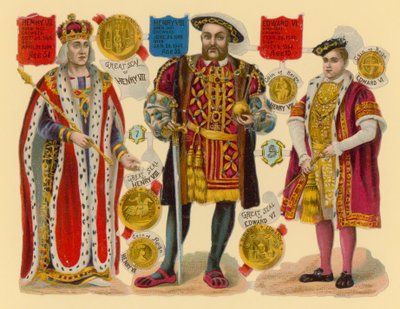 Victoriaanse prent: Koning Hendrik VII, Koning Hendrik VIII, Koning Edward VI door English School