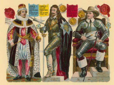 Victoriaanse prent: Koning James I, Koning Charles I, Oliver Cromwell door English School