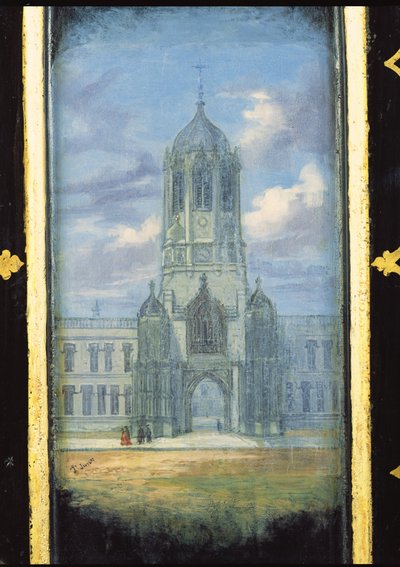 Victoriaans naaikastpaneel versierd met een scène van Christ Church, Oxford (papier-maché) door English School