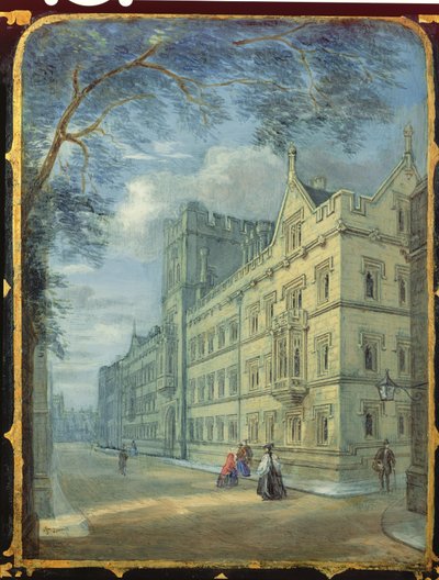 Victoriaans naaikastpaneel versierd met een scène van Exeter College, Oxford (papier-maché) door English School