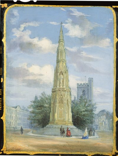 Victoriaans naaikastpaneel versierd met een scène van het Martyrs Memorial, Oxford (papier-maché) door English School