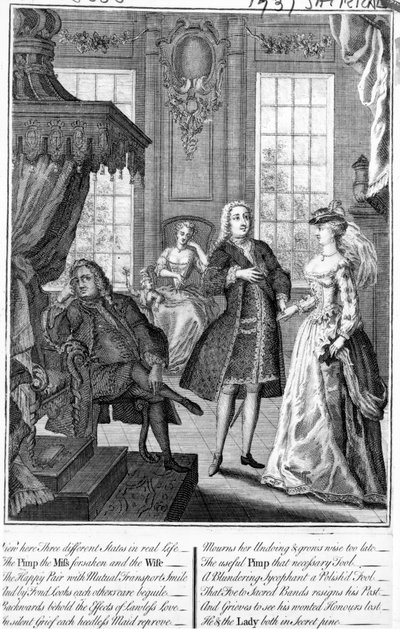 Bekijk hier Drie Verschillende Staten in het Echte Leven - de Koppelaar, de Verlaten Minnares en de Vrouw, 1735-6 door English School