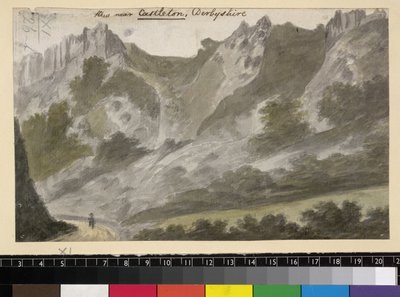 Uitzicht nabij Castleton, Derbyshire, ca. 1790 (aquarel over potlood op papier) door English School