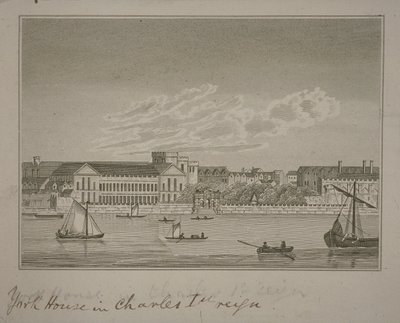 Uitzicht naar het noorden over de rivier de Theems, kijkend naar York House en York Buildings door English School