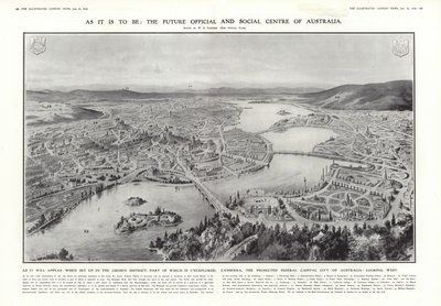 Uitzicht op Canberra, voorgestelde federale hoofdstad van Australië, 1913 door English School