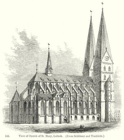 Gezicht op de Mariakerk, Lubeck (gravure) door English School
