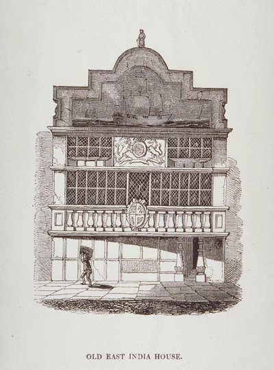 Uitzicht op East India House, met figuur op de voorgrond, ca. 1700 door English School