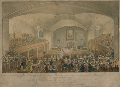 Uitzicht op de kerk van Hackney genomen vanuit de orgelgalerij in mei 1827 door English School